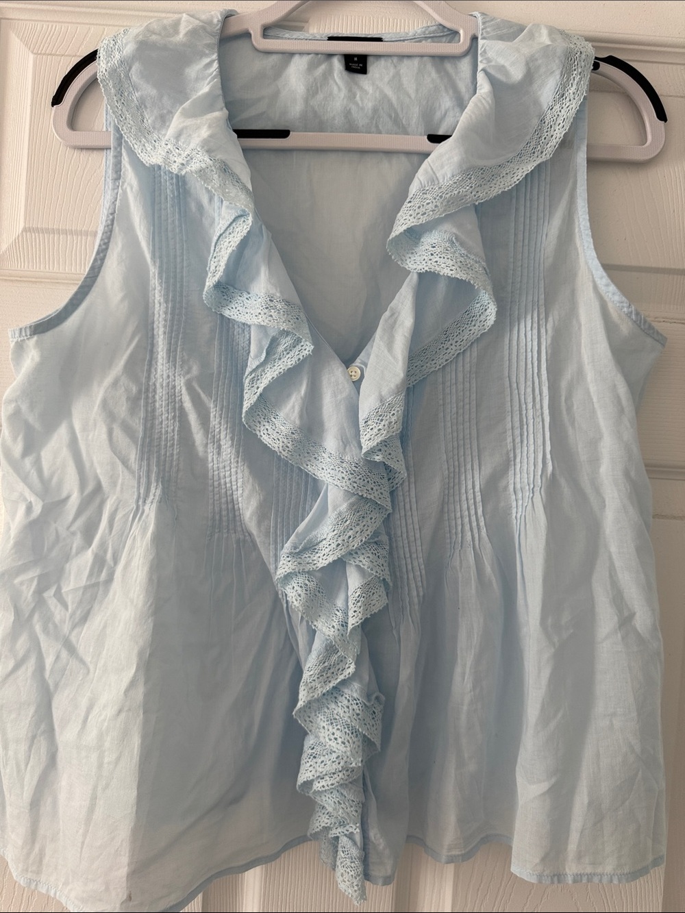 Ann Taylor Light Blue Ruffle Front Sleeveless Blouse
